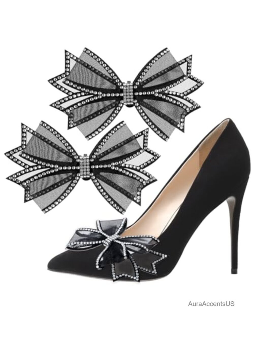 Rhinestone Bow Shoe Clips for Heels, Detachable Mesh Bow Buckle Accessories for